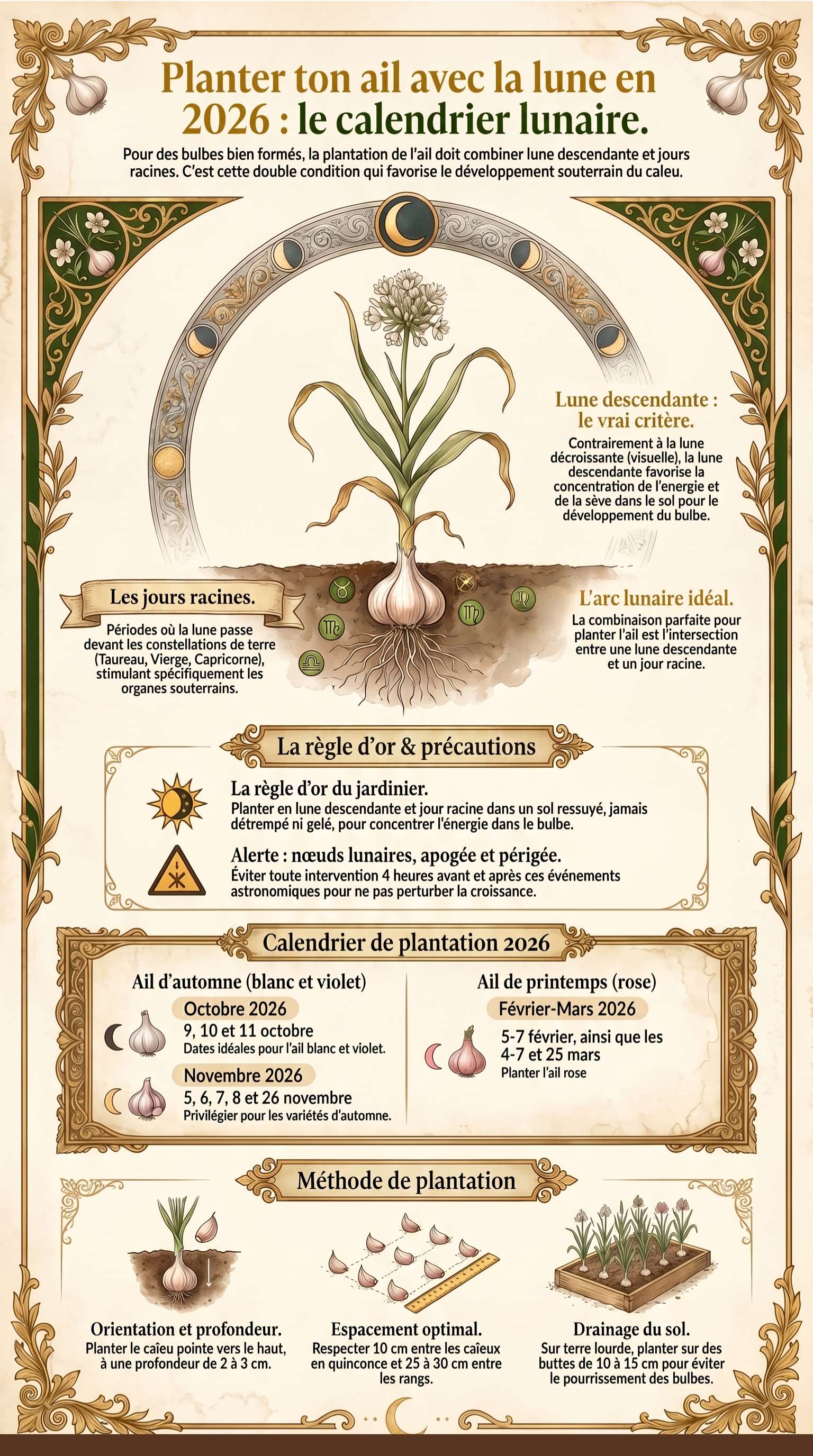 Fiche illustrée à imprimer qui synthétise toutes les informations pratiques pour planter l'ail avec la lune
