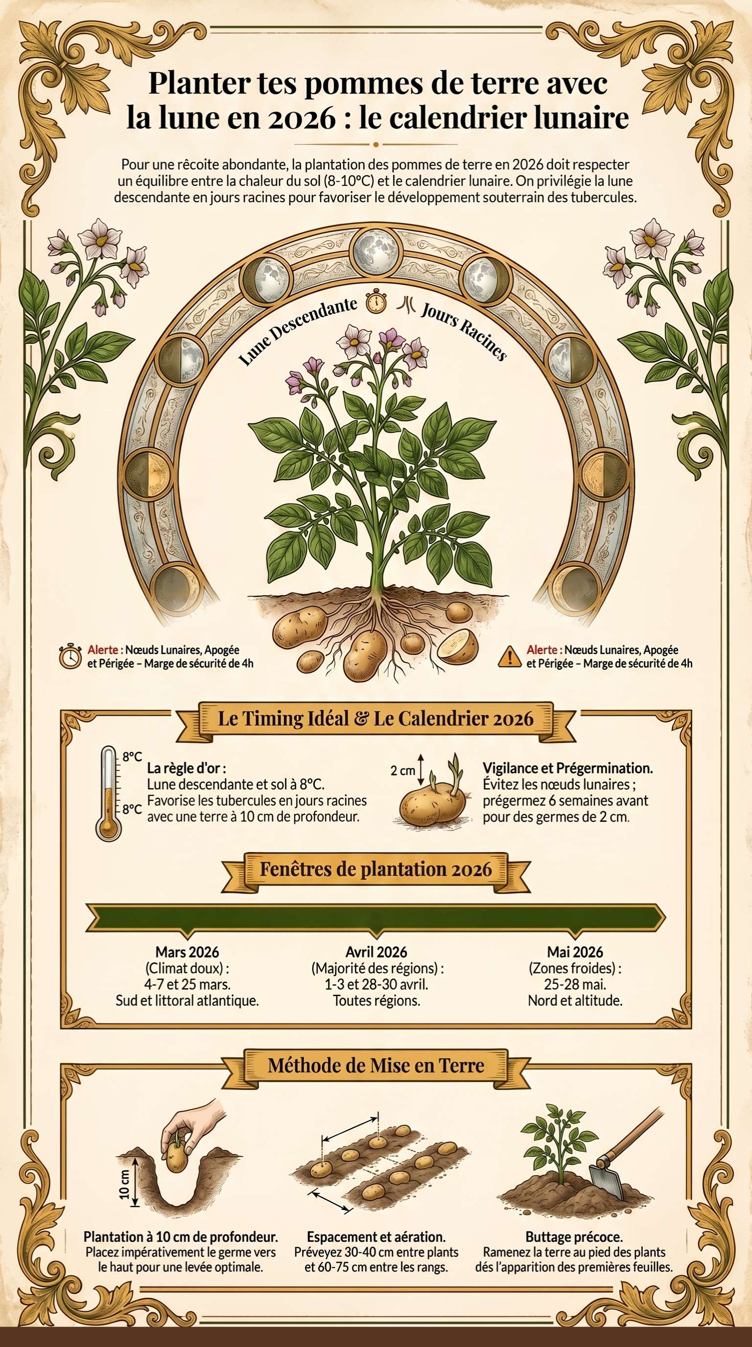 Infographie qui fait la synthèse de quand planter les pommes de terre avec la lune pour l'année 2026