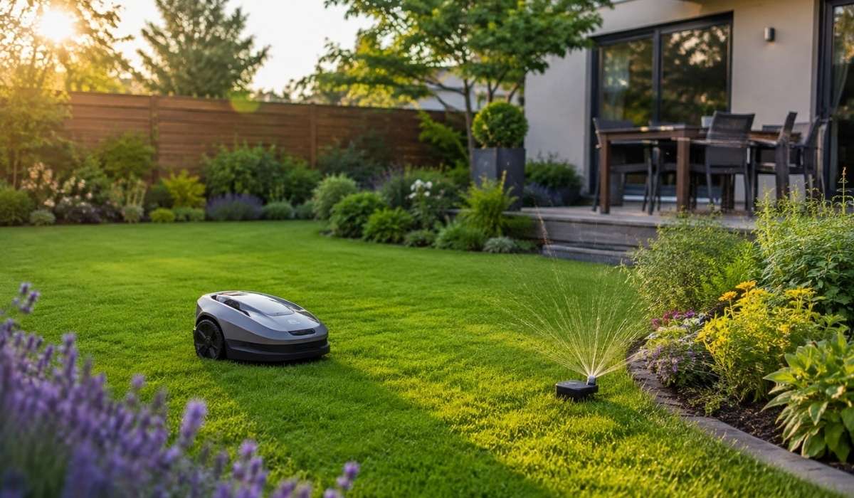 Robot tondeuse dans un jardin